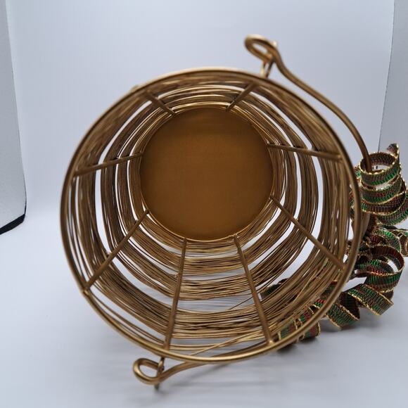 Gold Tone Wire Hurricane Candle Holder with Handle Removable Ribbon Home Decor - Picture 5 of 8